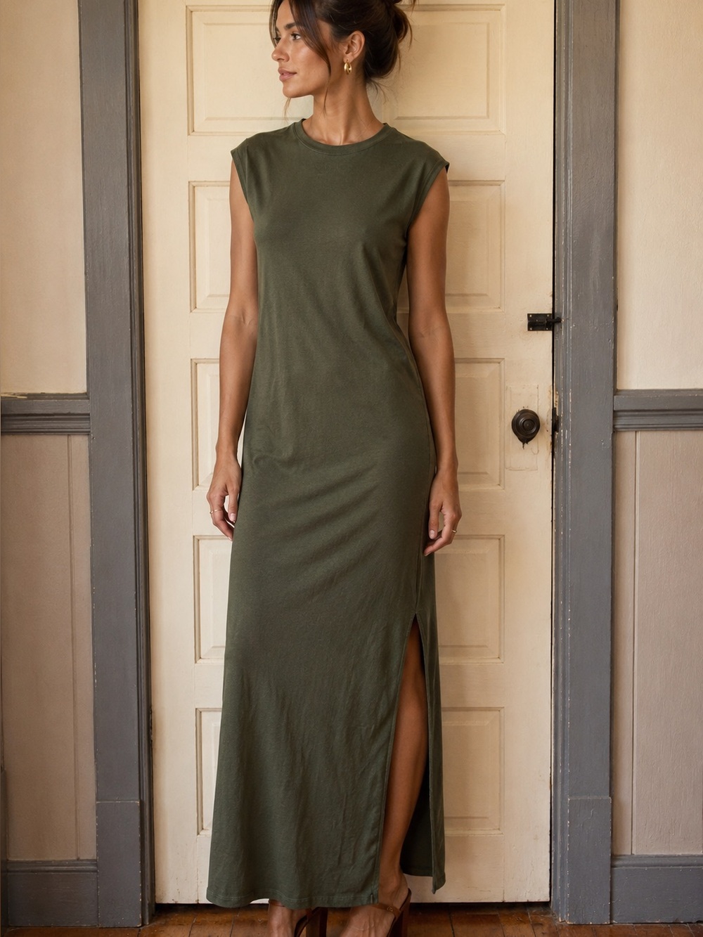 Old Navy Olive Green Sleeveless Maxi Dress with Side Slit